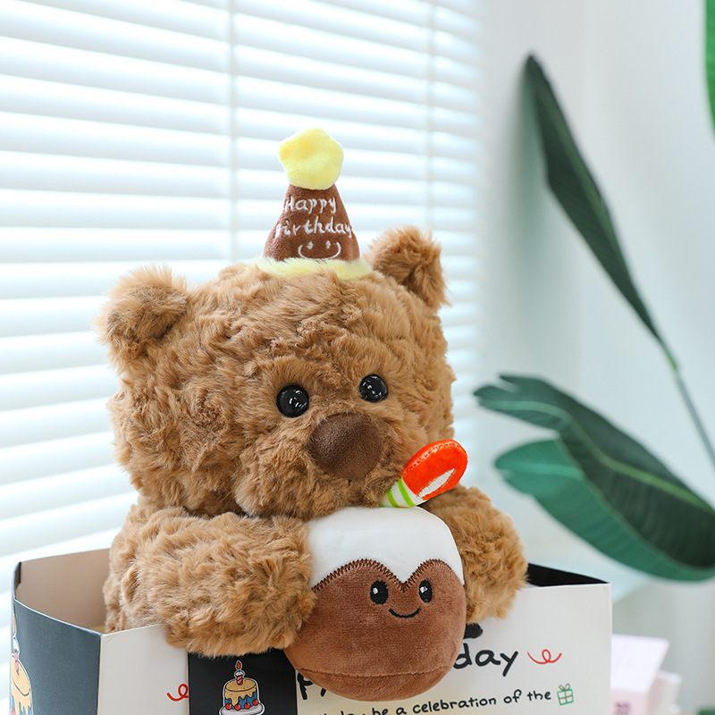 Birthday cake bear plush toy in gift box soft teddy bear holding cake plush perfect for birthday gift and room decor