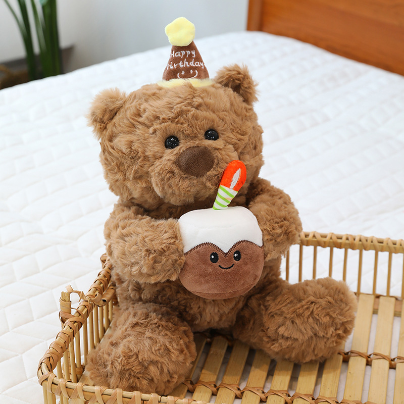 Birthday cake bear plush toy in woven basket soft teddy bear with cake design cozy plush decoration for bedroom