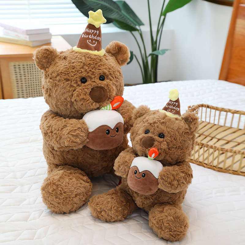 Birthday cake bear plush toy size comparison soft teddy bear with cake design for hugging display and gifting