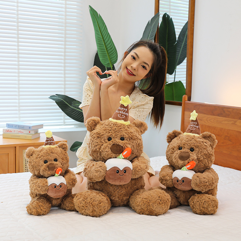 Birthday cake bear plush toy in multiple sizes soft teddy bear holding cake plush for hugging display and cozy bedroom decor