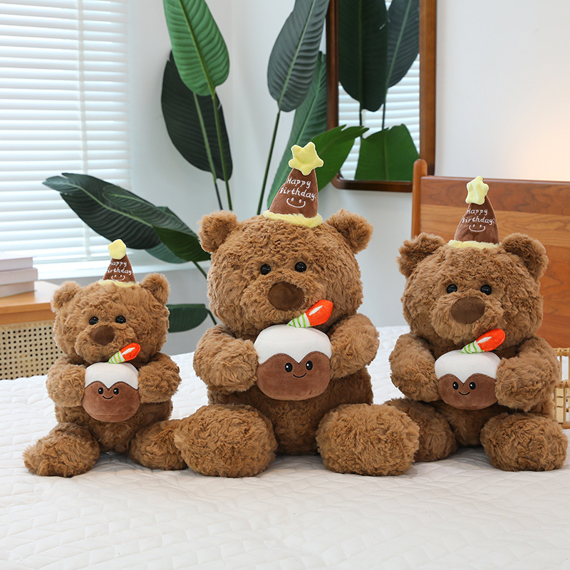 Birthday cake bear plush toy size comparison soft teddy bear holding cake plush available in different sizes for display and gifting
