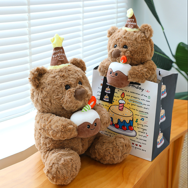 Birthday cake bear plush toy with gift bag size display soft teddy bear cake design for gifting decoration and cozy spaces