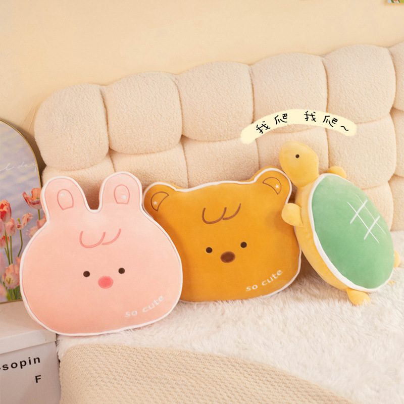 Rabbit, bear and turtle plush pillows in soft pastel colors, cute animal cushions for hugging, relaxing and decorating cozy sofas or beds
