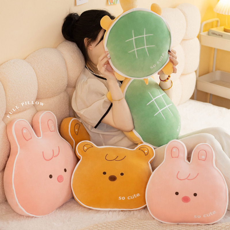Rabbit, bear and turtle plush pillows in cute animal designs, soft and huggable cushions ideal for home decor, lounging and cozy spaces