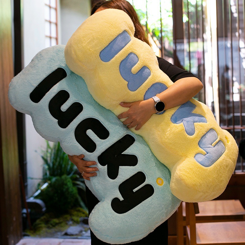 Lucky plush pillow long soft cushion for hugging and relaxing, cozy plush texture with bold letter design