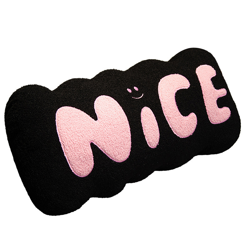 Nice plush pillow black with pink lettering soft word cushion clean background product view for home decor and comfort