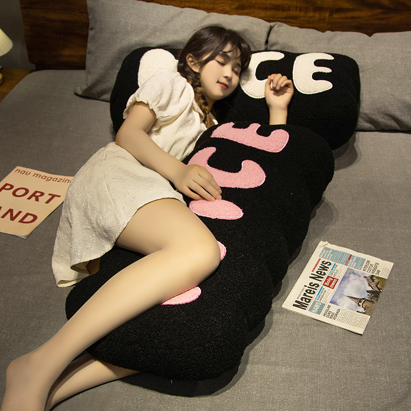 Nice plush pillow black with pink lettering soft body cushion for bed relaxing support and cozy sleeping comfort