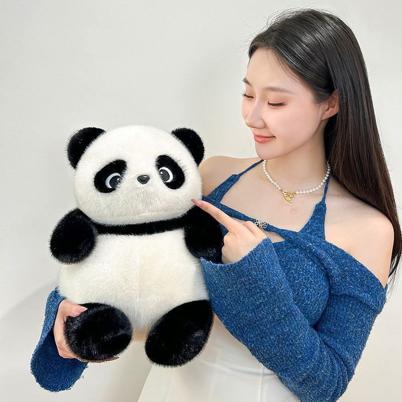 Cute panda plush toy with soft fluffy fabric, designed for hugging and relaxation, cozy stuffed animal for bedroom decor or gifting