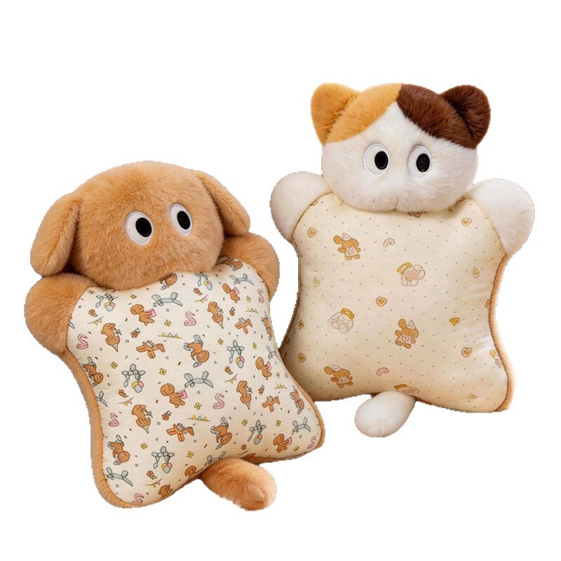 Calico cat and dog squeezable plush pillows with soft plush fabric and printed belly, cute animal cushions for home and gifts