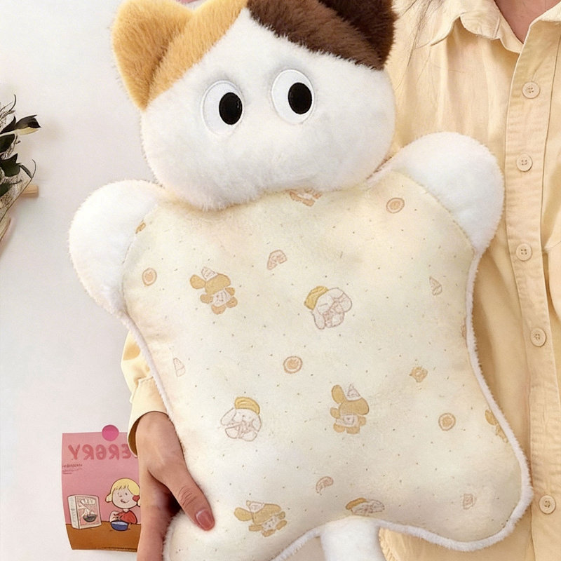 Close-up of calico cat plush pillow, soft plush fabric and squeezable filling for comfort, decor, and everyday relaxation