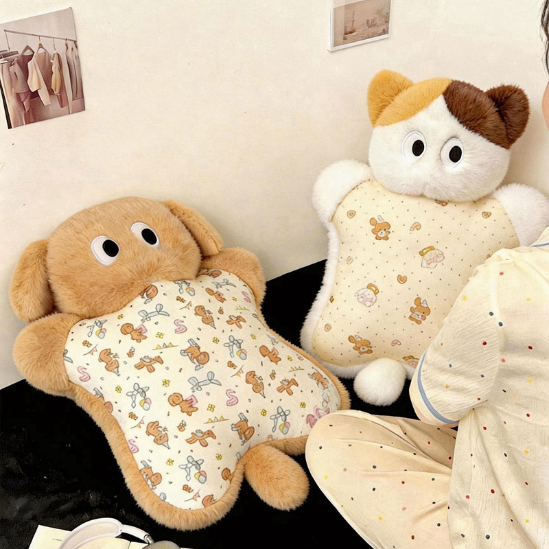 Cat and dog plush pillows on bed, soft squeezable animal cushions for relaxing, hugging, and cozy bedtime comfort