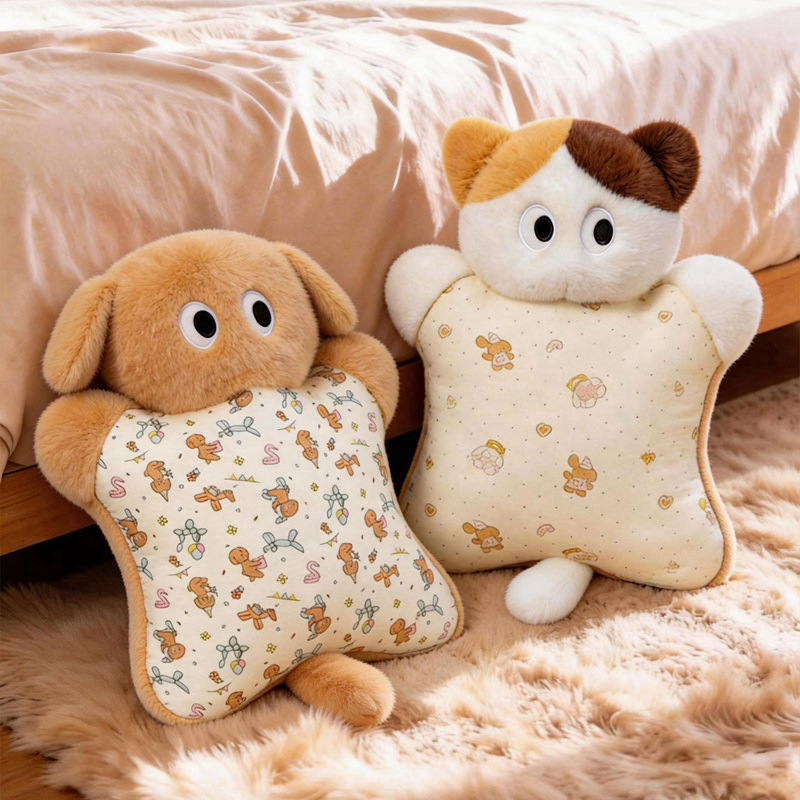 Squeezable cat and dog plush pillows on a soft bed, cozy kawaii animal cushions for hugging, relaxing, and bedroom decor