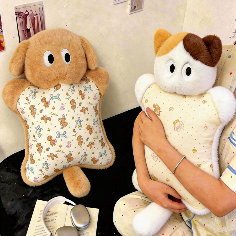 Squeezable cat and dog plush pillows for hugging, soft animal cushions designed for comfort, lounging, and everyday relaxation