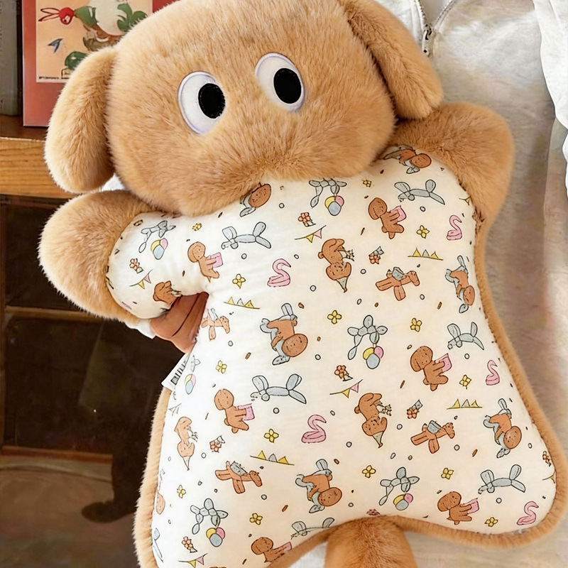 Dog plush pillow close-up, soft squeezable animal cushion with cute printed details, designed for hugging, comfort, and cozy home use