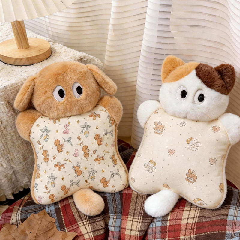 Cute cat and dog plush pillows by the window, soft plush cushions with printed details for home decor and relaxation