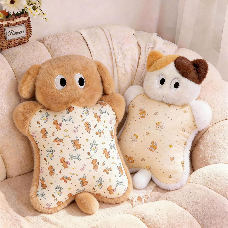 Cute cat and dog plush pillows on sofa, soft squeezable cushions perfect for lounging, napping, and cozy home decoration