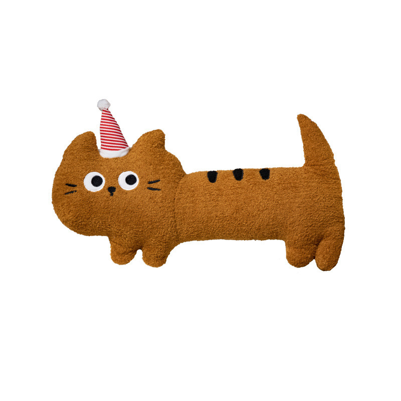 Big-eyed cat plush pillow in brown on white background, long soft body design with striped hat detail and plush texture