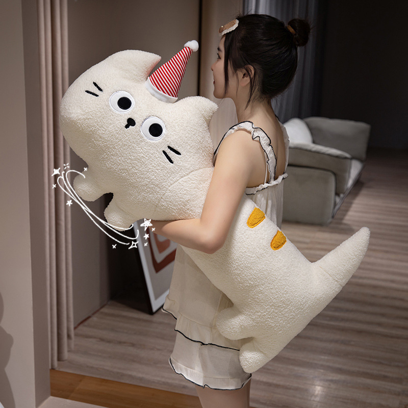 Big-eyed cat plush pillow in white, soft long body design with striped hat detail, ideal for hugging, lounging, and cozy home comfort