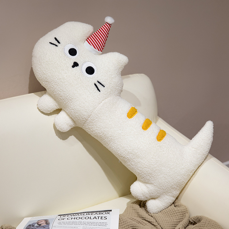 Big-eyed cat plush pillow in white, soft long body cushion for hugging and relaxing, cozy sofa setting with plush texture