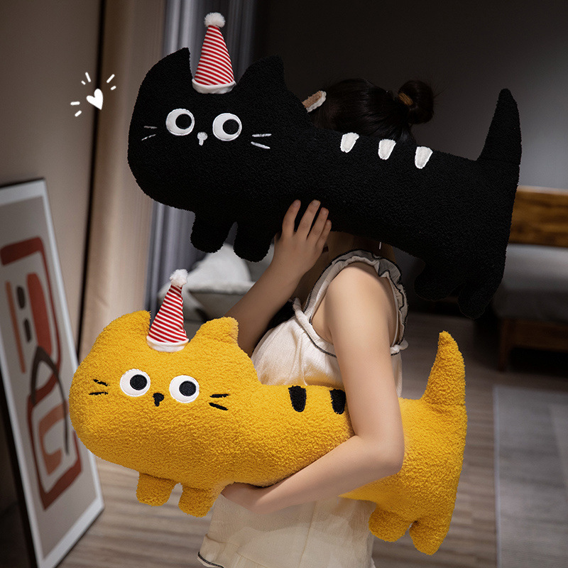 Big-eyed cat plush pillow in black and yellow, long soft body cushion with plush texture, perfect for hugging, relaxing, and cozy lounging