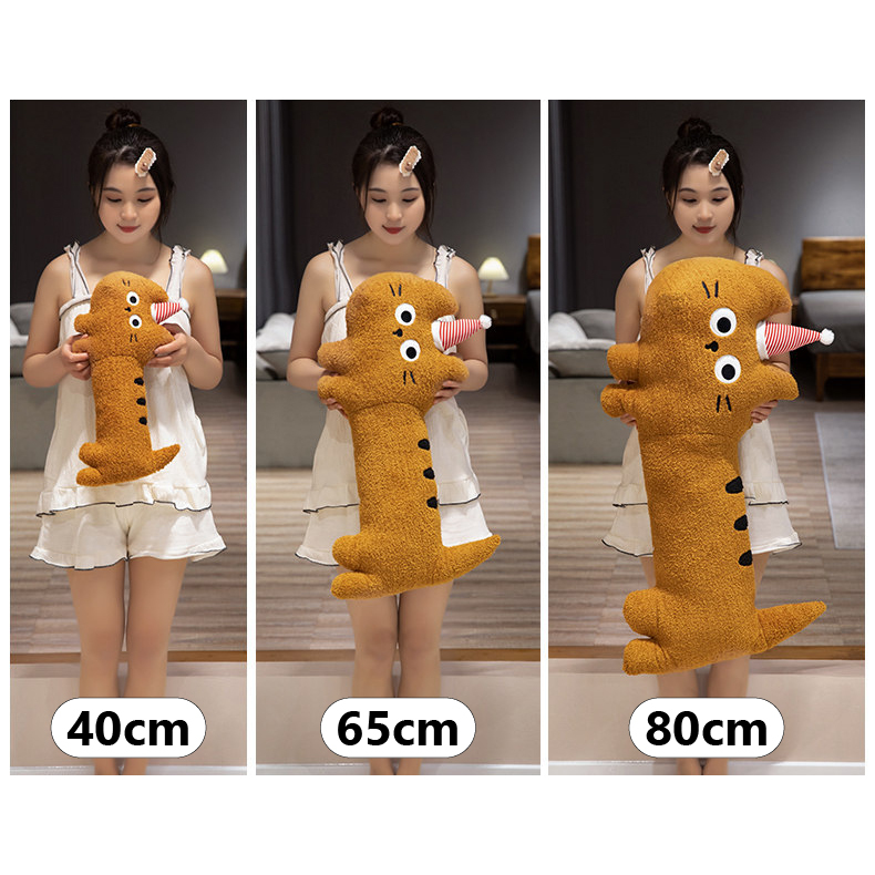 Big-eyed cat plush pillow size comparison showing 40 cm, 65 cm, and 80 cm, long soft body cushion for hugging and home use