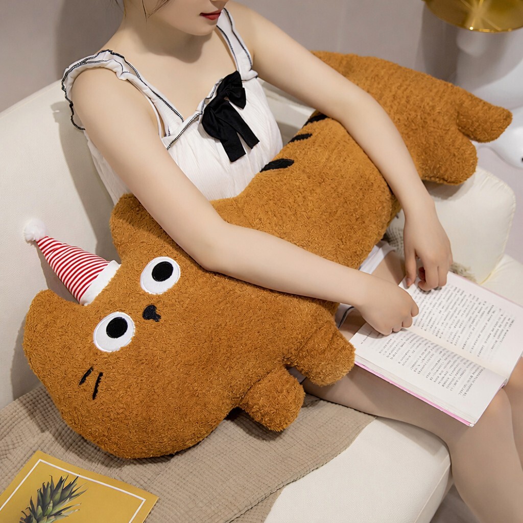 Big-eyed cat plush pillow in brown, soft long body cushion for hugging and reading, plush texture with cozy support for everyday relaxation