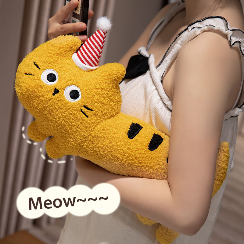 Big-eyed cat plush pillow in yellow, soft long body cushion with plush fabric, ideal for hugging, relaxing, and cozy everyday comfort