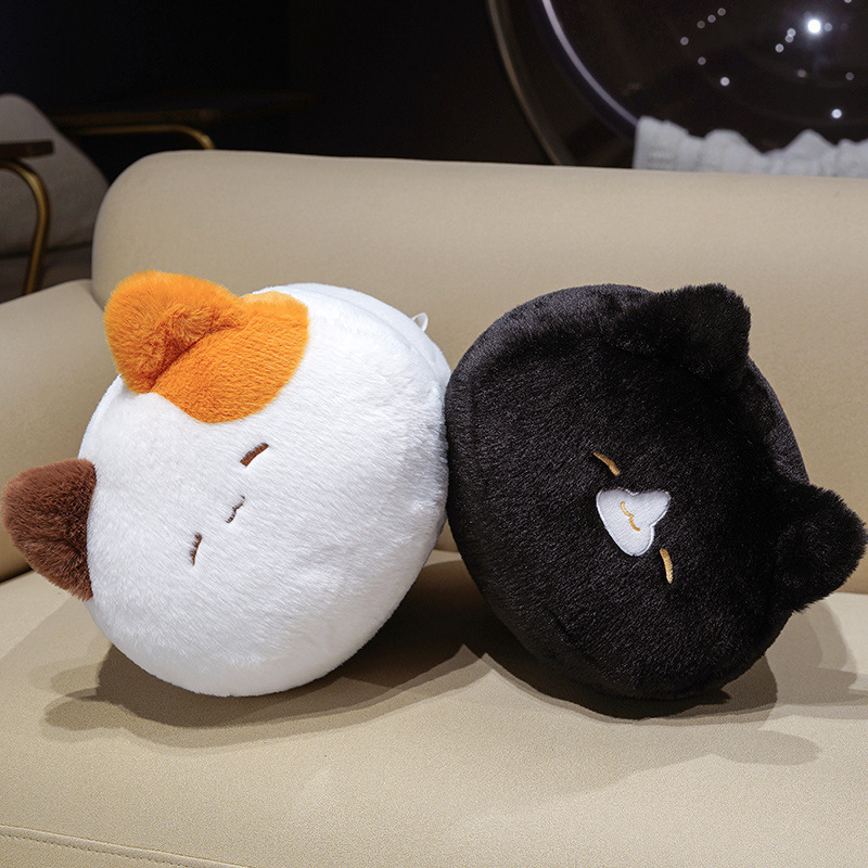 Cartoon cat plush pillow in black and calico designs viewed from a slight angle, soft cushion with smooth plush texture for relaxing and everyday comfort