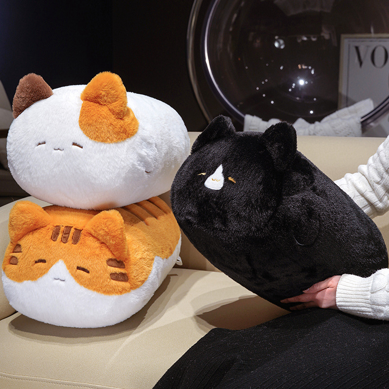 Soft cartoon cat plush pillow with smooth plush fabric, shown as a cozy cushion for hugging, relaxing, and everyday comfort