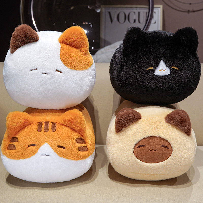 Cartoon cat plush pillow in calico, black, orange, and Siamese cat designs, cute soft cushions for sofa decor and cozy home styling