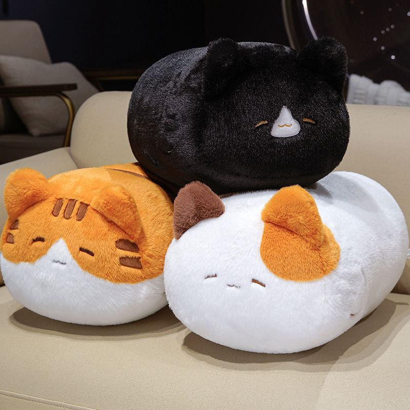 Cartoon cat plush pillow in calico, black, and orange designs, soft rounded cushion for sofa decor and cozy home styling