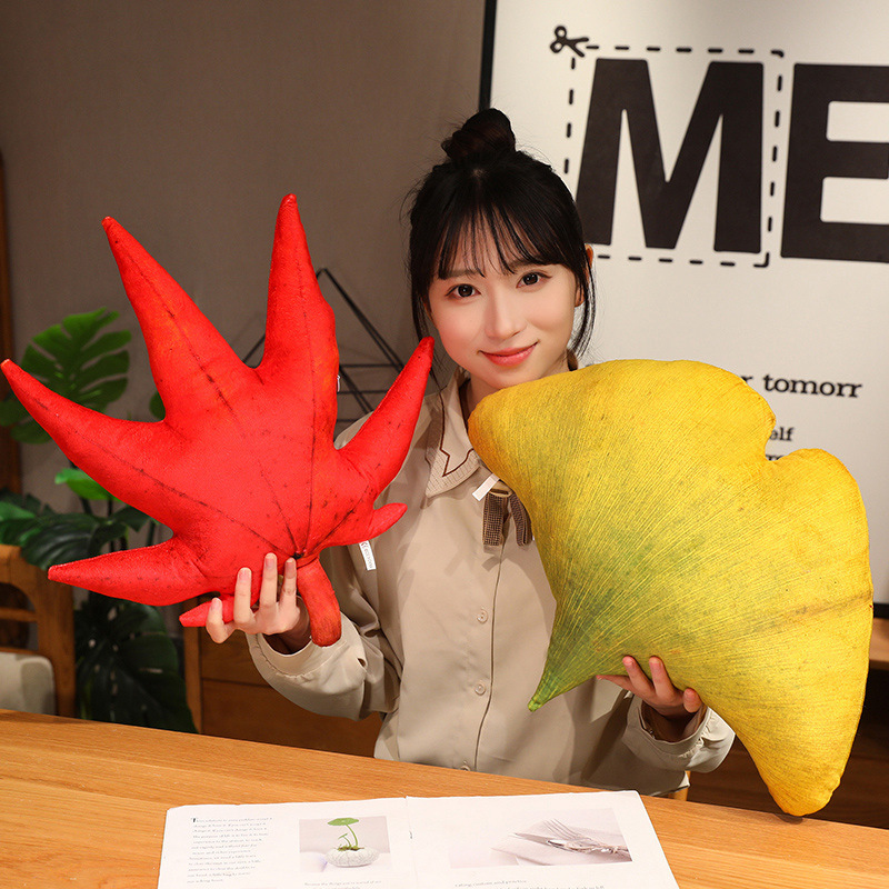 Leaf plush pillows in red maple and ginkgo designs, soft plush cushions for hugging, lounging, and decorative home styling