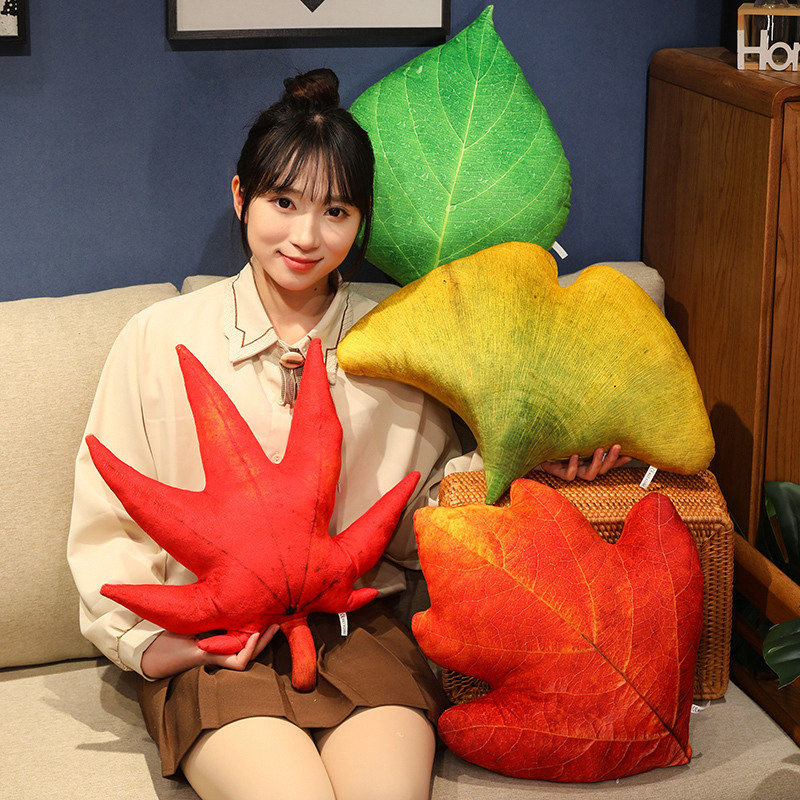Soft leaf plush pillows in red maple, hawthorn, and ginkgo styles, perfect for hugging, lounging, or decorating sofas and beds