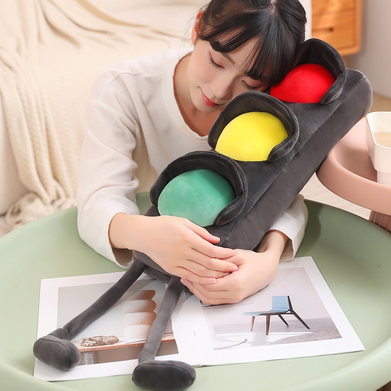 Traffic light plush pillow for hugging and resting, long soft cushion with red yellow green lights, cozy plush pillow for naps and relaxation on sofa