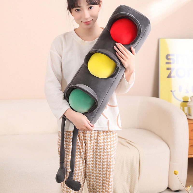 Traffic light plush pillow for hugging and comfort, long cushion with red yellow green lights, soft plush pillow for relaxing, lounging and home decor