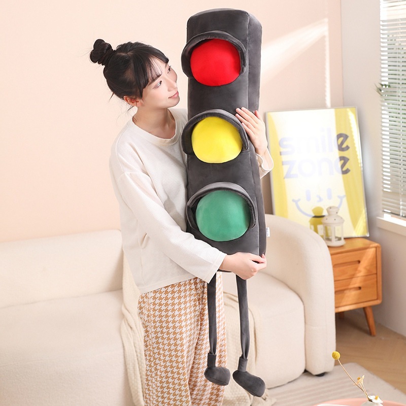 Traffic light plush pillow showing full length size, long soft cushion with red yellow green lights, plush pillow for hugging, relaxing and home decor