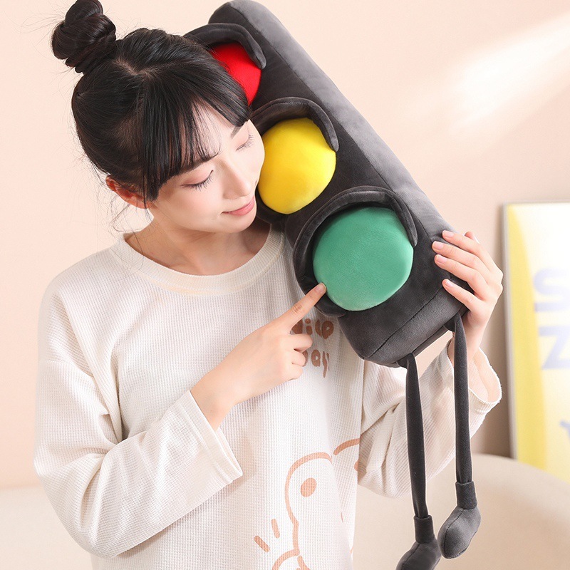 Traffic light plush pillow with soft raised signal lights, long cushion in red yellow green colors, plush pillow for hugging, relaxing and cozy home decor