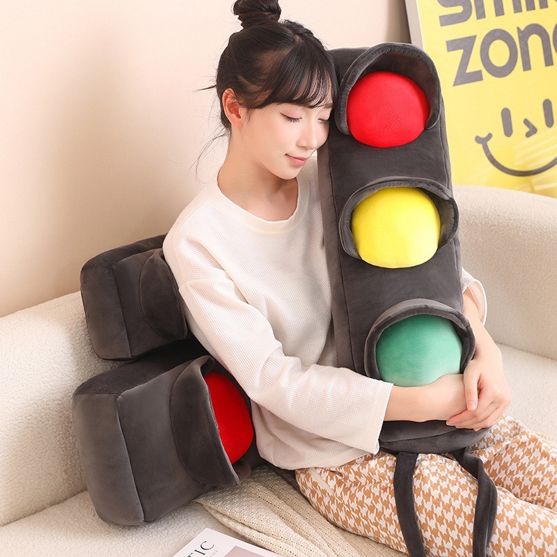 Traffic light plush pillow for hugging and relaxing, long soft cushion with colorful signal lights, comfortable plush pillow for lounging and home decor