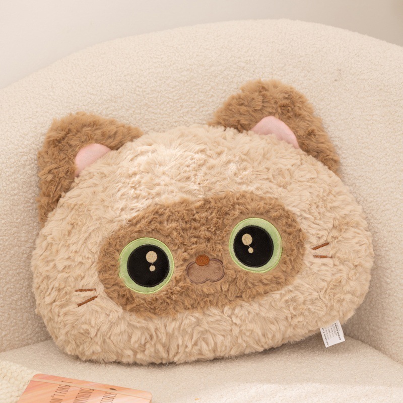 Siamese Cat cartoon cat head plush pillow on sofa, soft plush backrest cushion for relaxing and home decor