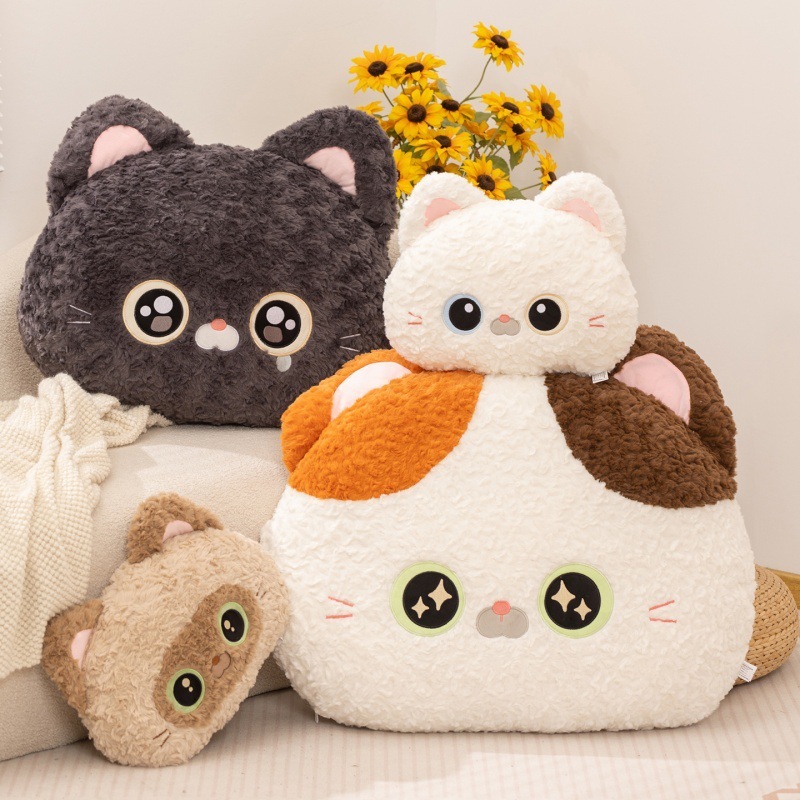 Cartoon cat head plush pillows in Calico Cat, Black Devon Rex Cat, White Devon Rex Cat, and Siamese Cat designs displayed on sofa, soft decorative cushions for cozy home styling