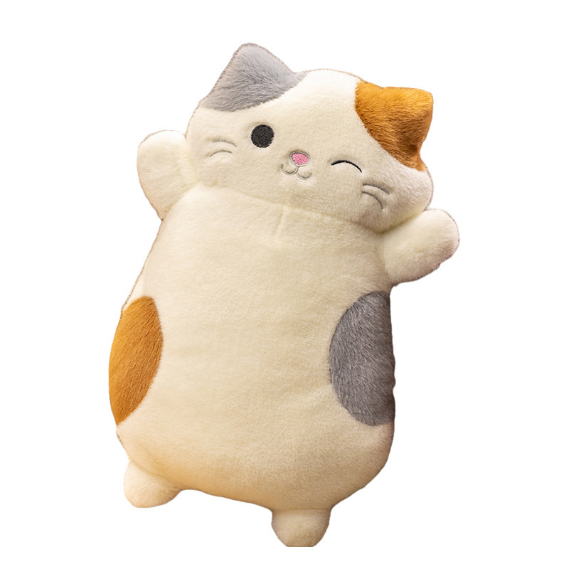 Calico cat plush pillow soft stuffed cushion with cute expression, plush fabric and PP cotton filling, ideal for hugging and home decor