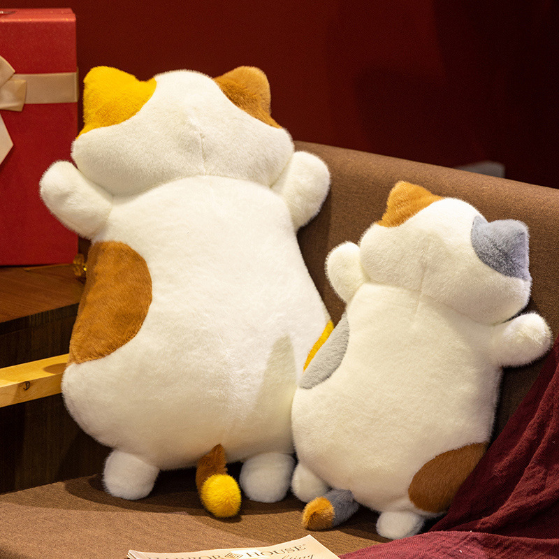 Calico cat plush pillow back view showing soft plush texture and full shape, comfortable cushion for sofa, bed, and home decor