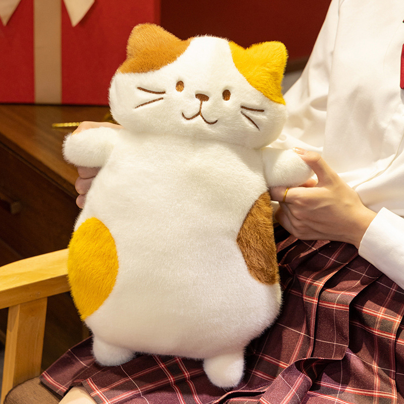 Calico cat plush pillow close-up showing soft plush fabric and fluffy PP cotton filling, perfect for hugging, cuddling, and cozy comfort