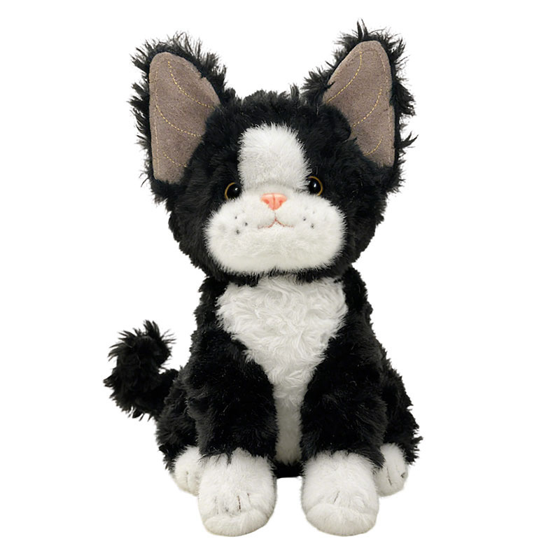 Bicolor Devon Rex cat plush toy with oversized ears and soft plush fabric, front view isolated on white background