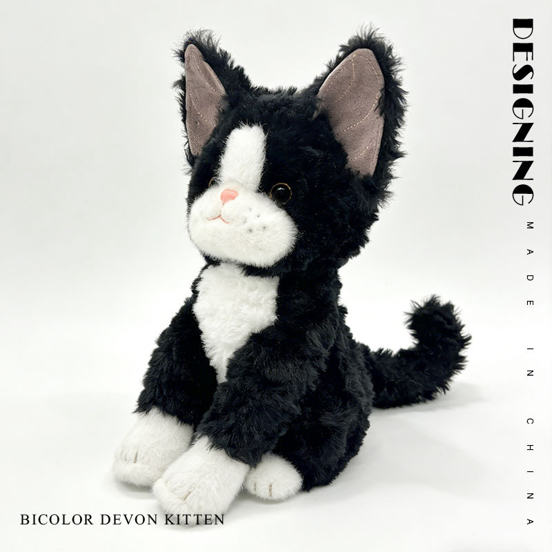 Bicolor Devon Rex cat plush toy side view on white background showing soft fluffy texture and detailed ear and tail design