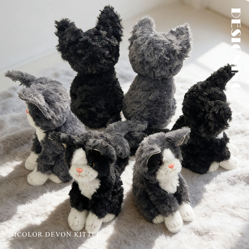 Bicolor Devon Rex cat plush toy back view showing soft plush fabric, tail shape, and detailed stitching from multiple angles