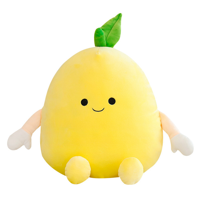 Pomelo plush pillow in yellow with embroidered face and green leaf detail, soft stuffed cushion design isolated on a clean background