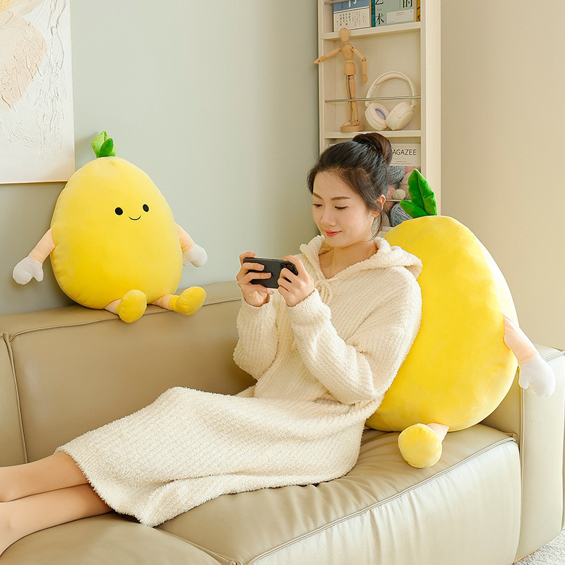 Pomelo plush pillow as a soft back cushion on a sofa, ideal for everyday lounging, relaxing, and adding a cozy decorative touch to living spaces