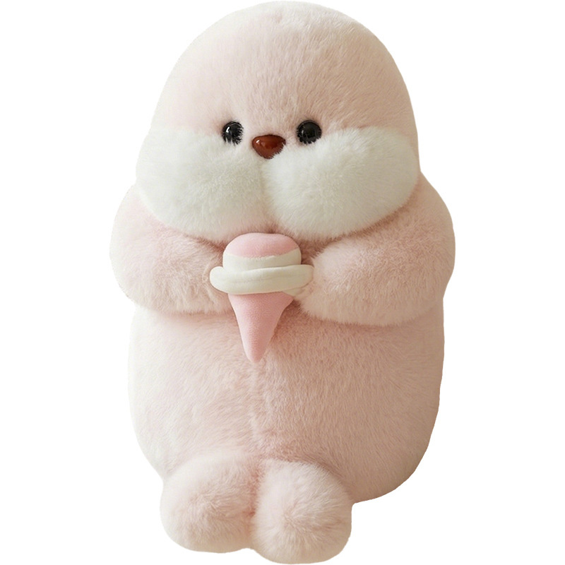 Pink ice cream seal plush toy on white background, soft and fluffy stuffed animal with round shape and adorable ice cream design