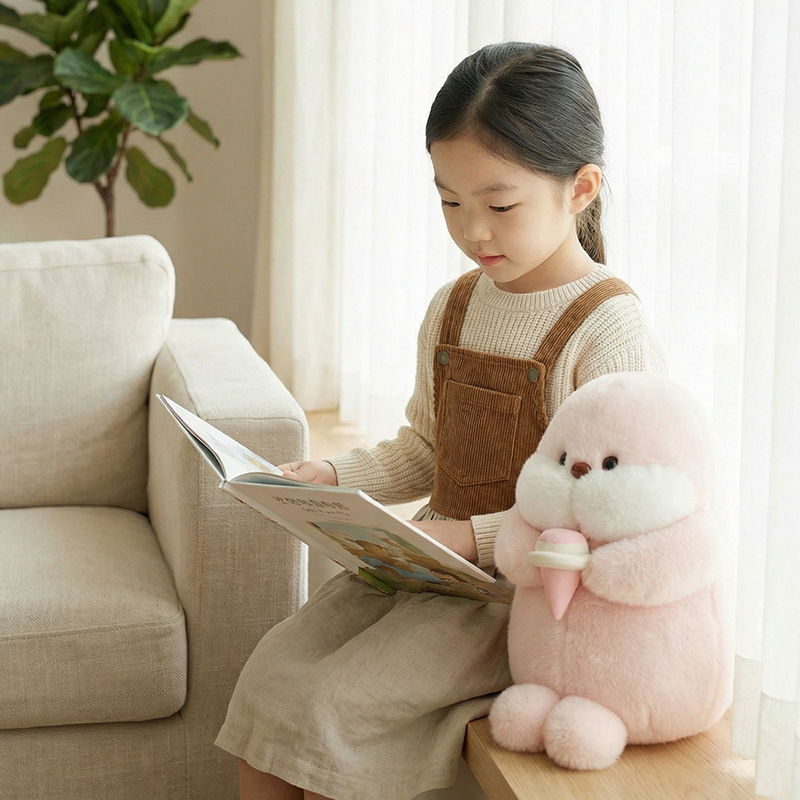 Pink ice cream seal plush toy beside a book, soft stuffed animal for relaxing moments, quiet time and cozy home decor